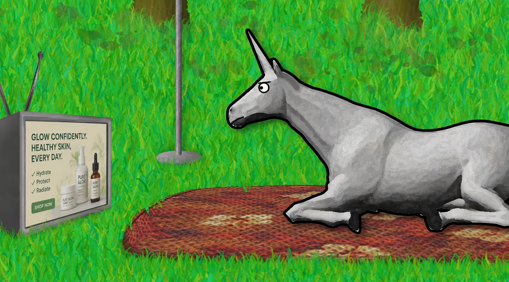 Charlie the white unicorn lounging on a round rug in the grass, watching a vintage TV playing a skincare ad
