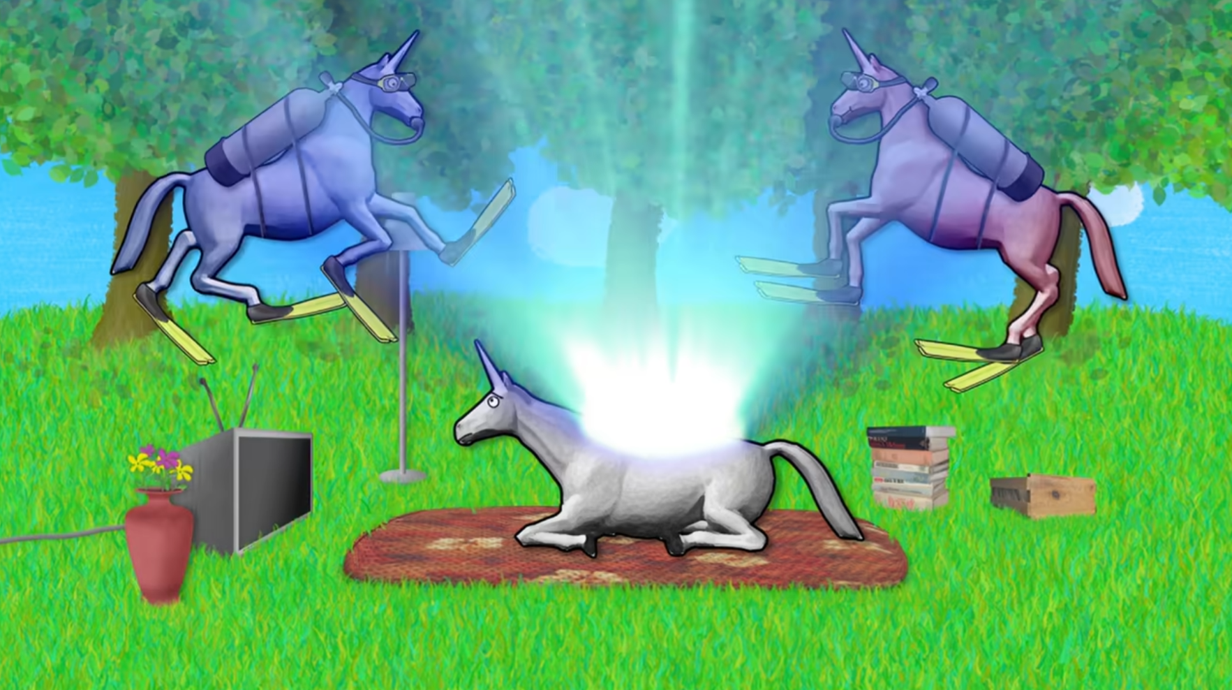 Charlie the white unicorn lying on a rug with a glowing light bursting from his side, flanked by two scuba-gear unicorns in a grassy field