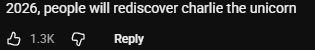YouTube comment reading: 2026, people will rediscover charlie the unicorn